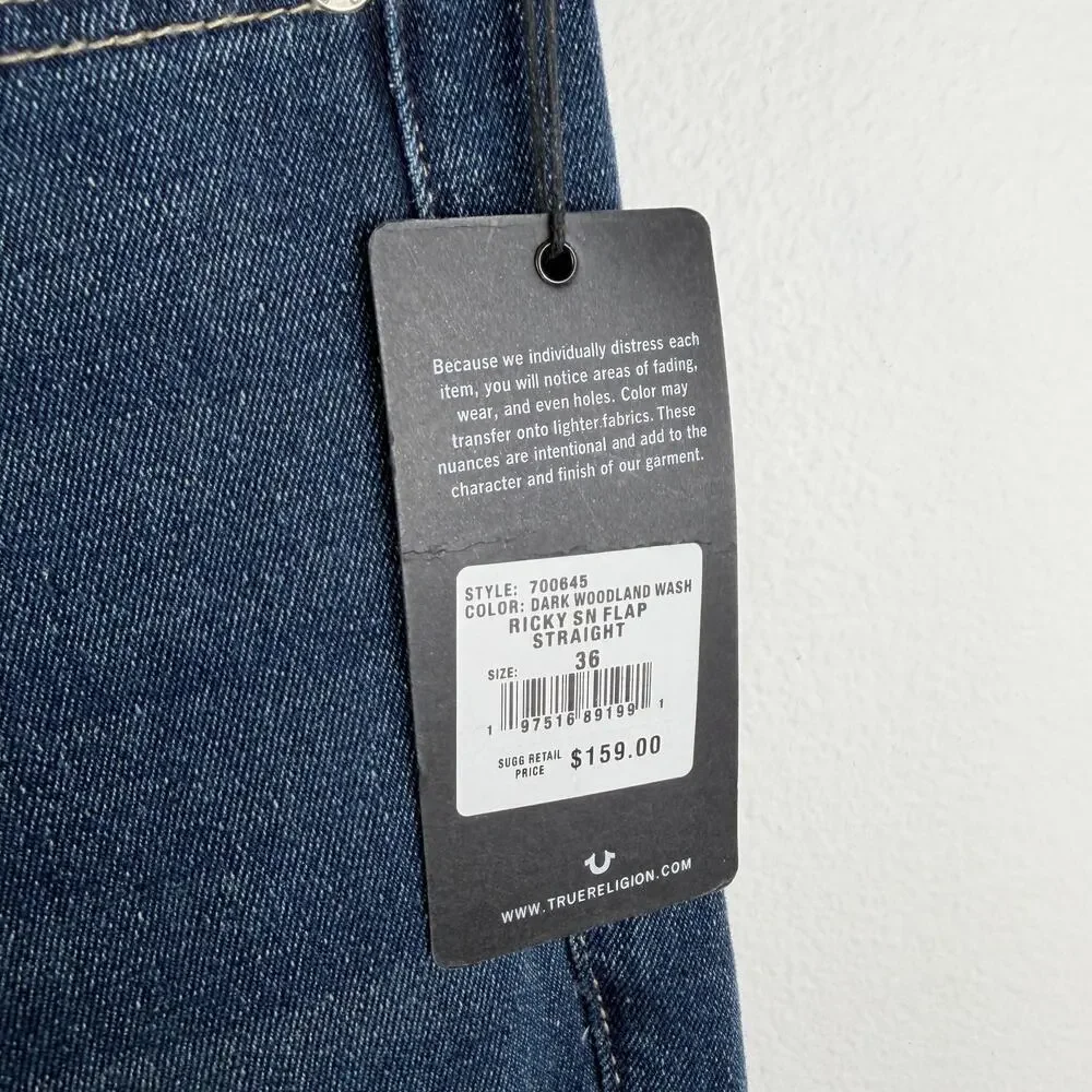 True Religion Ricky SN Flap Straight Relaxed Jean Dark Woodland Wash Men's 36x35